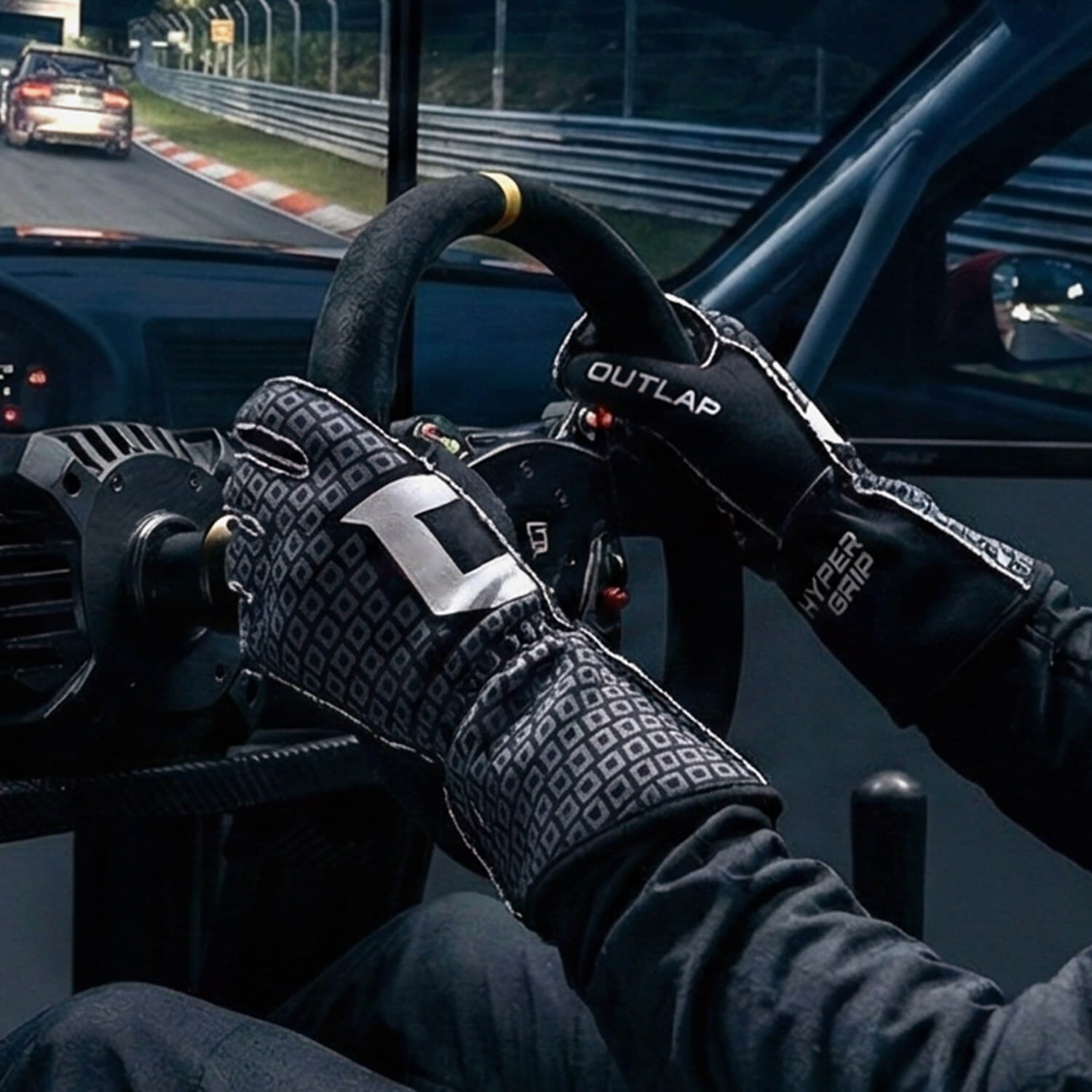 Outlap HyperGrip Obsidian Sim Racing Gloves racing in sim racing rig