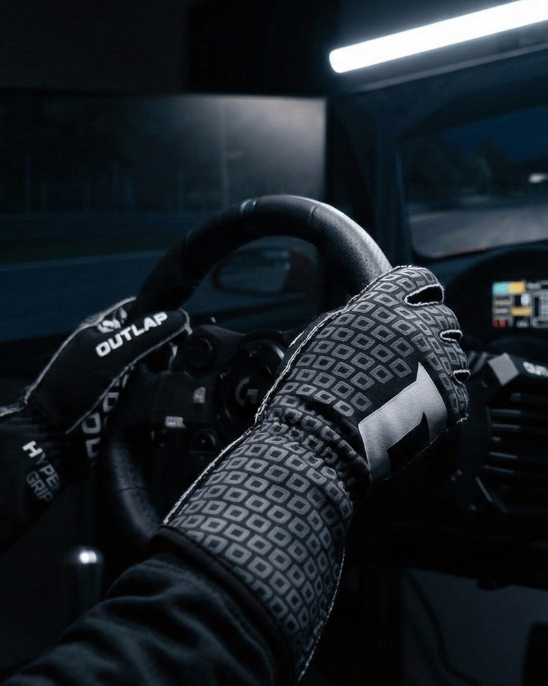 Outlap HyperGrip Obsidian Sim Racing Gloves racing on sim rig