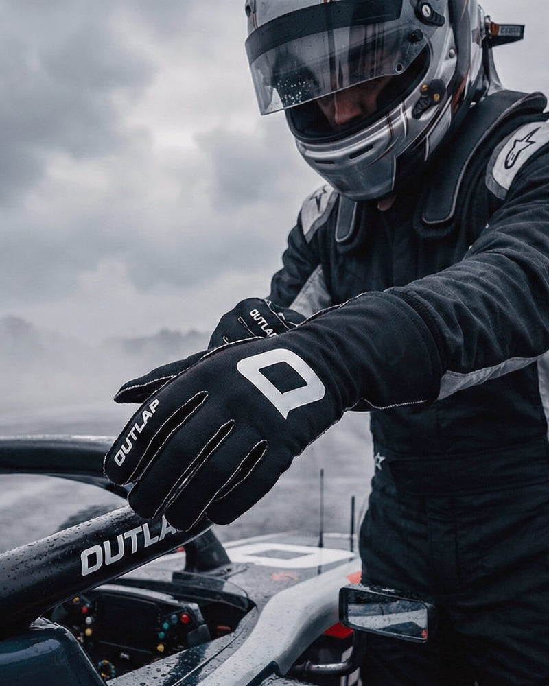 Outlap ProGrip Black Sim Racing Gloves gearing up to race